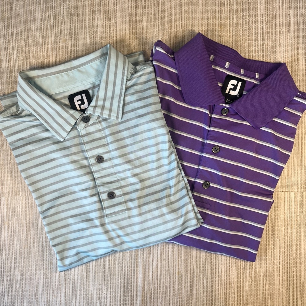 2 FJ FootJoy Polo Shirt Men's Striped Short Sleeve Purple & Blue Golf Logo‎